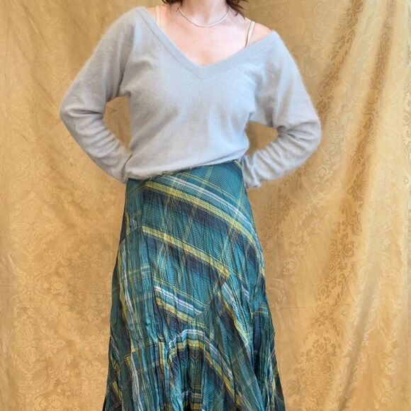 Y2k Green Plaid Pleated Midi Skirt - Picture 2 of 2
